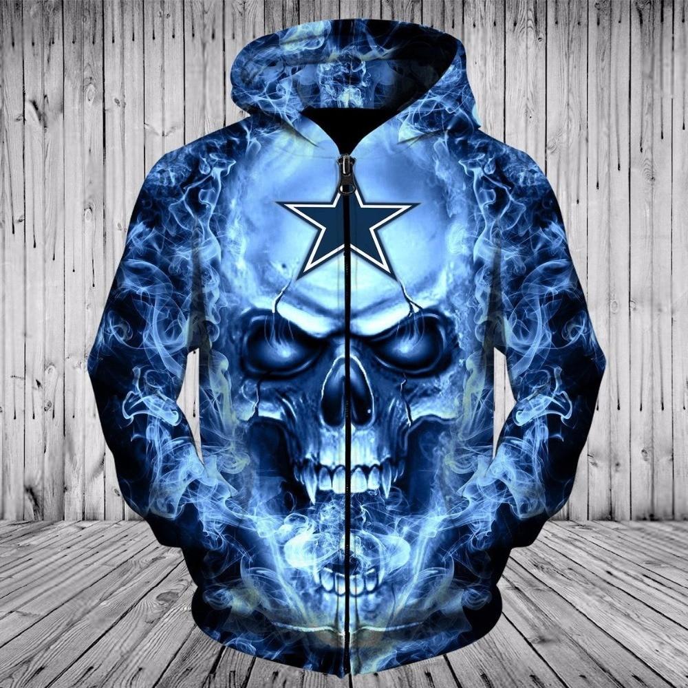 Dallas Cowboys Skull Hoodies 3d With Zipper Pullover
