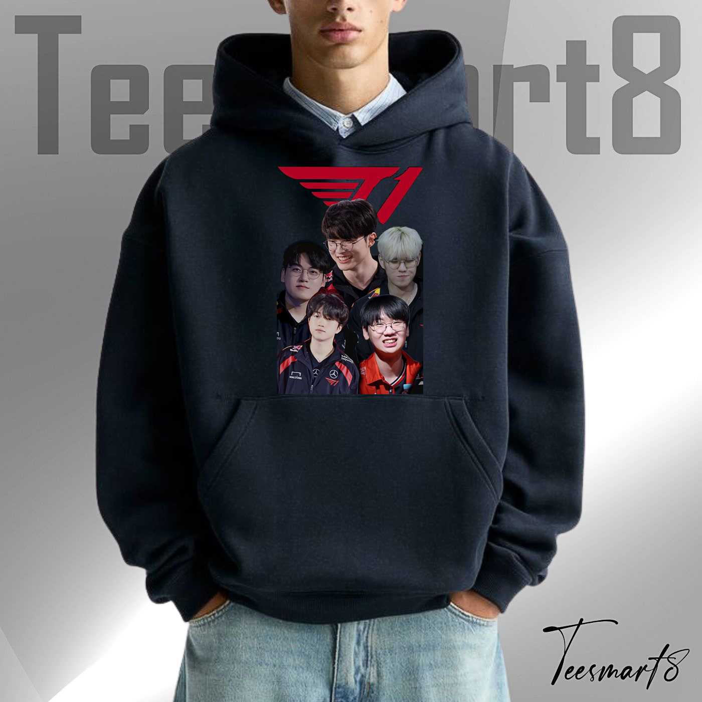 T1 Chibi Squad Hoodie - Logo & Cute Roster Graphic T1 Chibi Squad Hoodie - Logo & Cute Roster Graphic